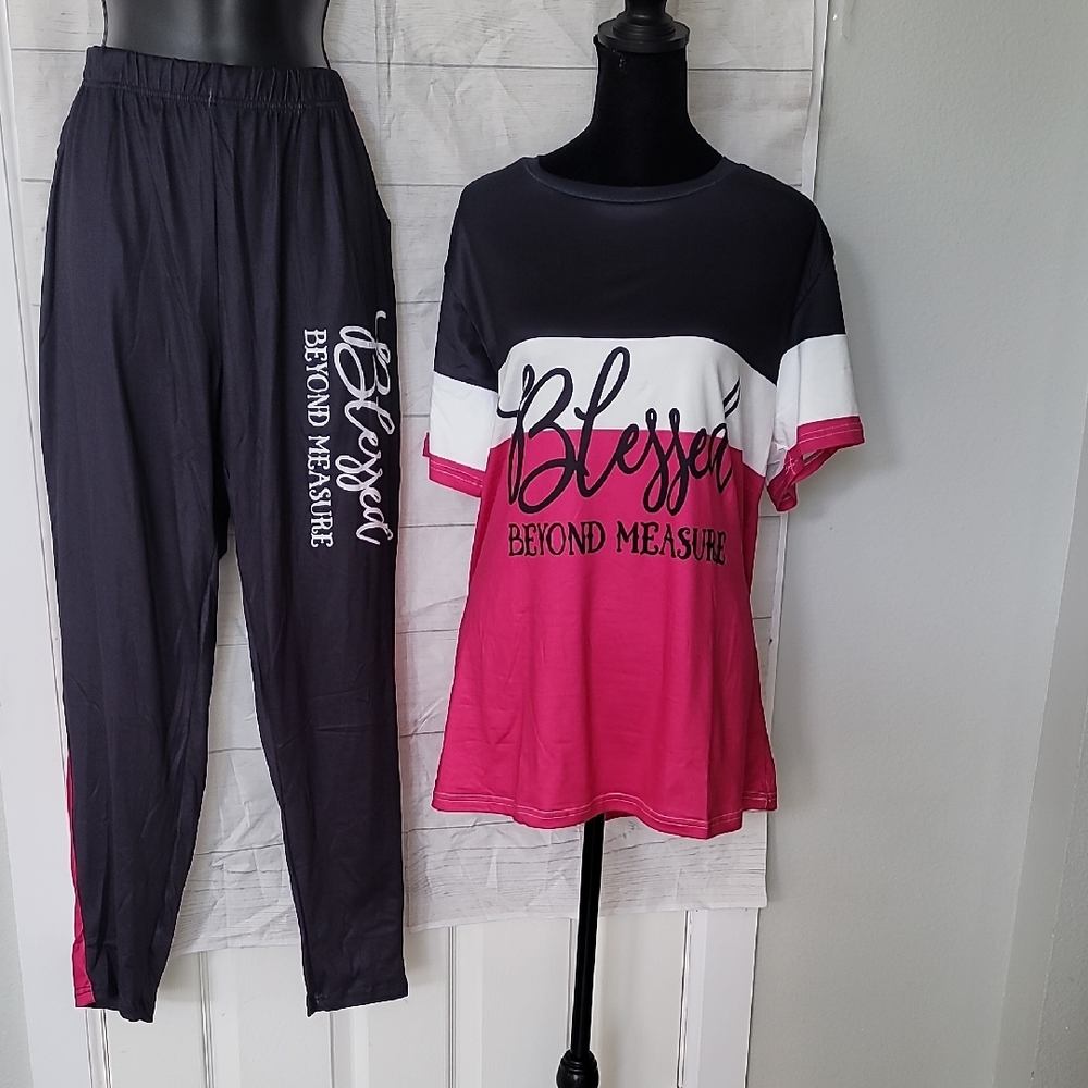 Blessed Beyond Measure Colorblock Top & Pants Set - Pink/Black - Unbranded